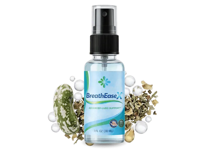 BreathEaseX bottle with natural botanical lung-support ingredients including dried herbal extracts