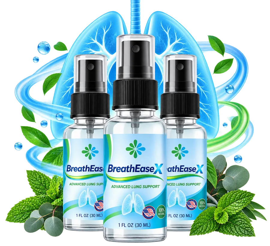 Three BreathEaseX advanced lung support spray bottles side by side